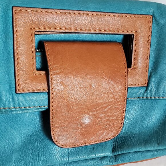 Vintage MODA in ITALIA Convertible 3in1 Leather Clutch Handbag Turquoise Cognac - Picture 6 of 13